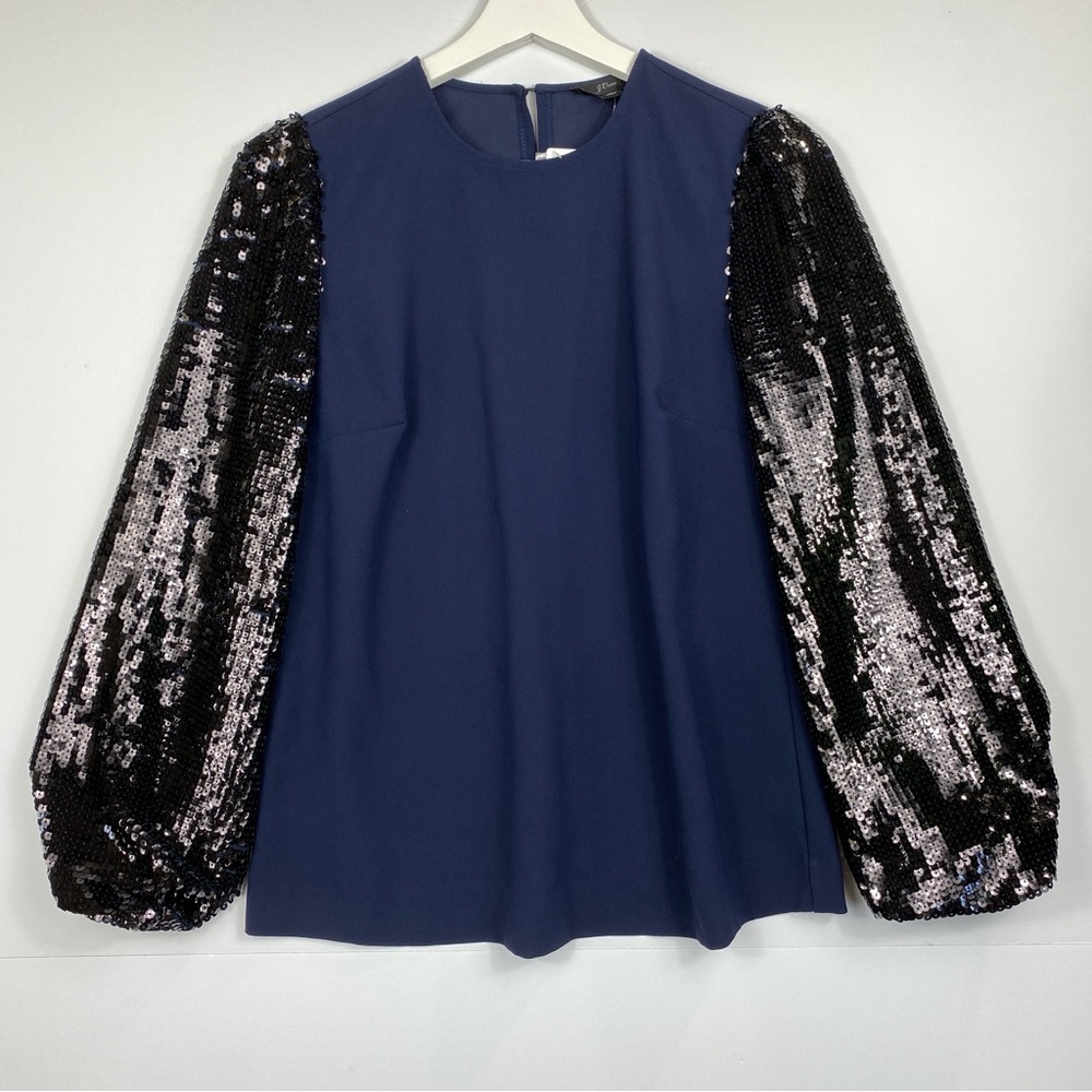 J. Crew Women's Navy Blue Black Sequin Sleeve‎ Crepe Blouse Top Size XXS New